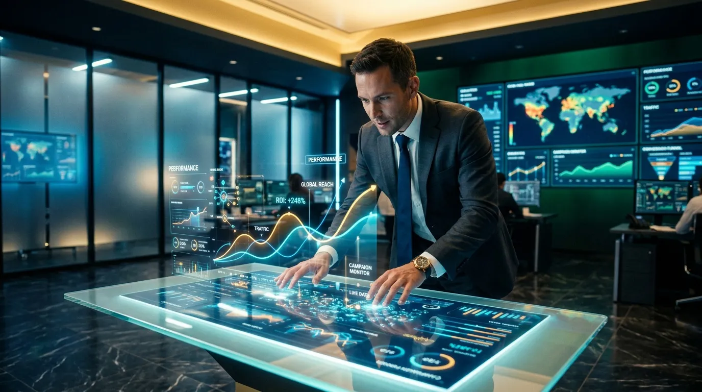 Businessman interacting with holographic data visualization dashboard