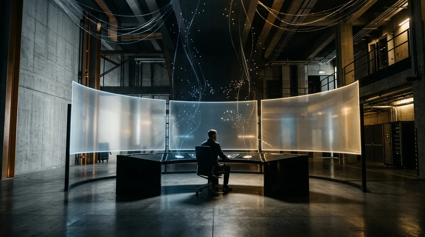 Person seated at control station with illuminated display screens