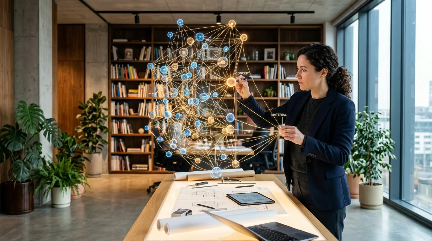 Mujer interact&uacute;a con holograma de red de conexiones digitales