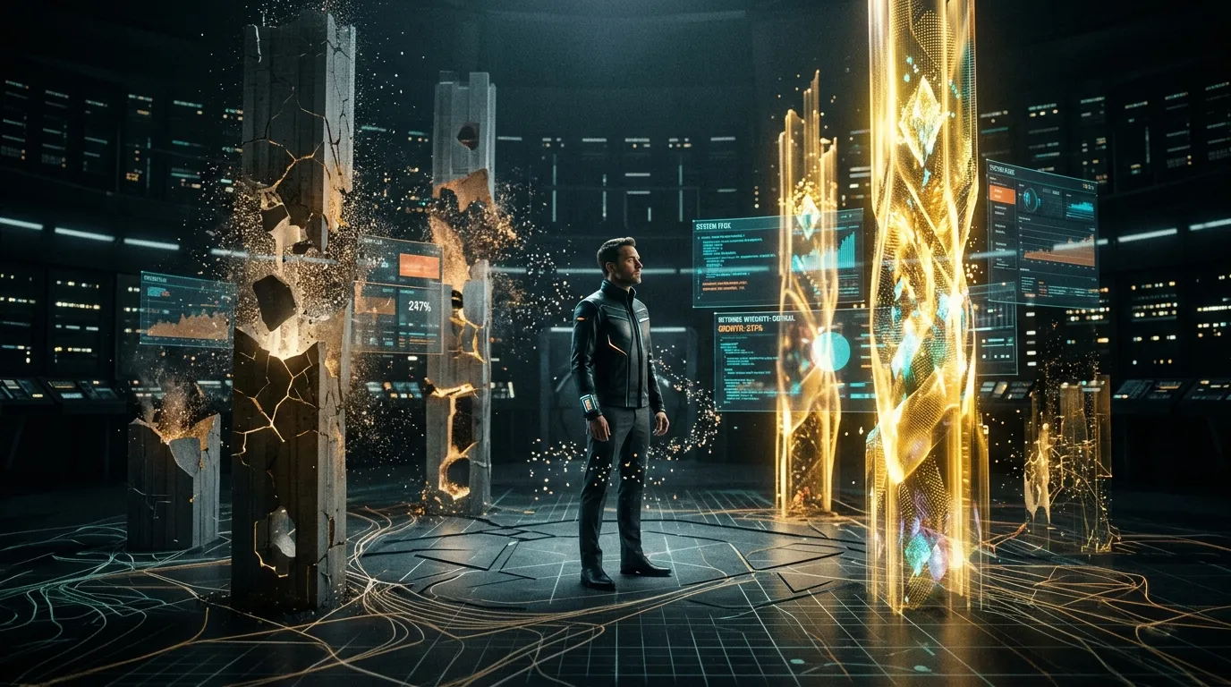 Man in futuristic digital environment with holographic displays and glowing pillars