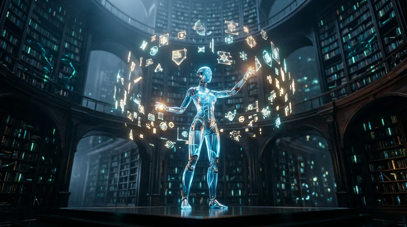 Glowing digital figure manipulating holographic icons in futuristic city