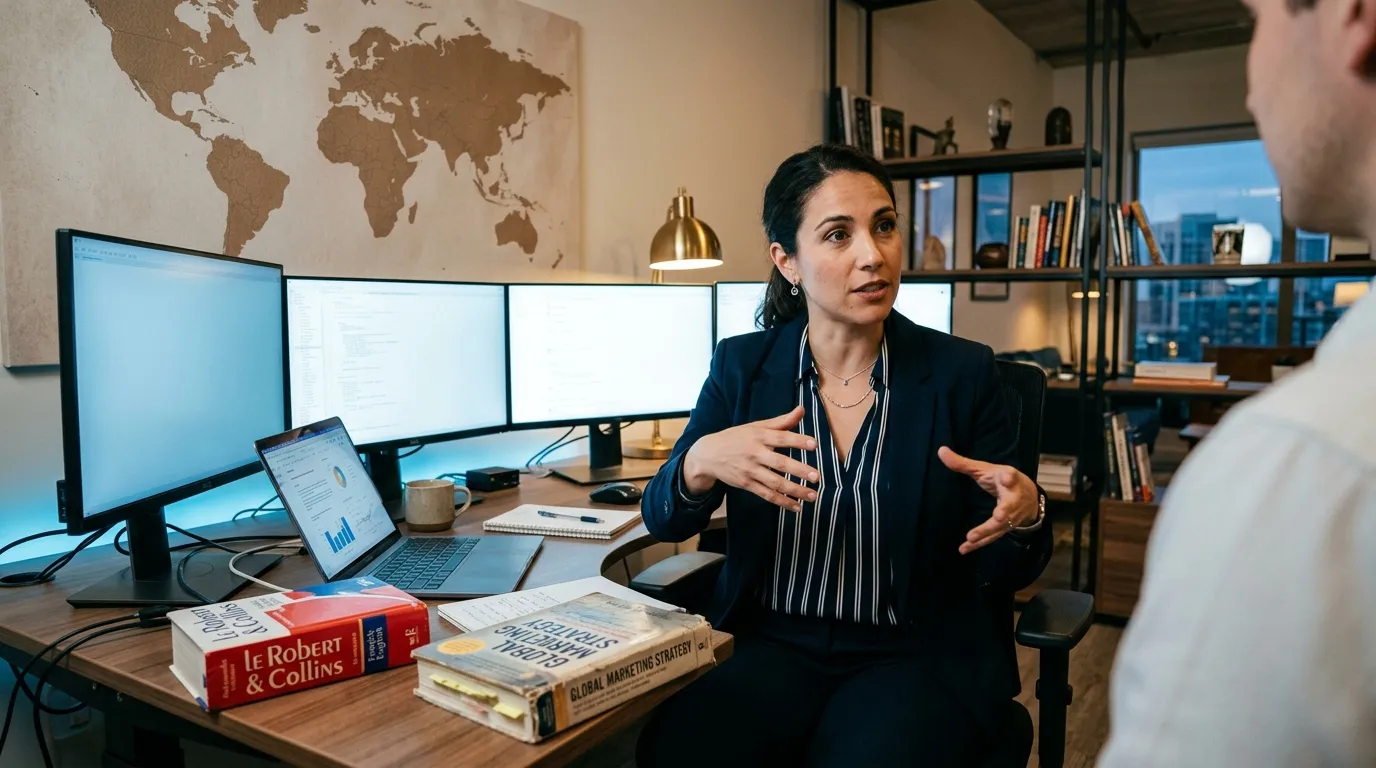 Mujer ejecutiva discute estrategia en oficina moderna con vista urbana