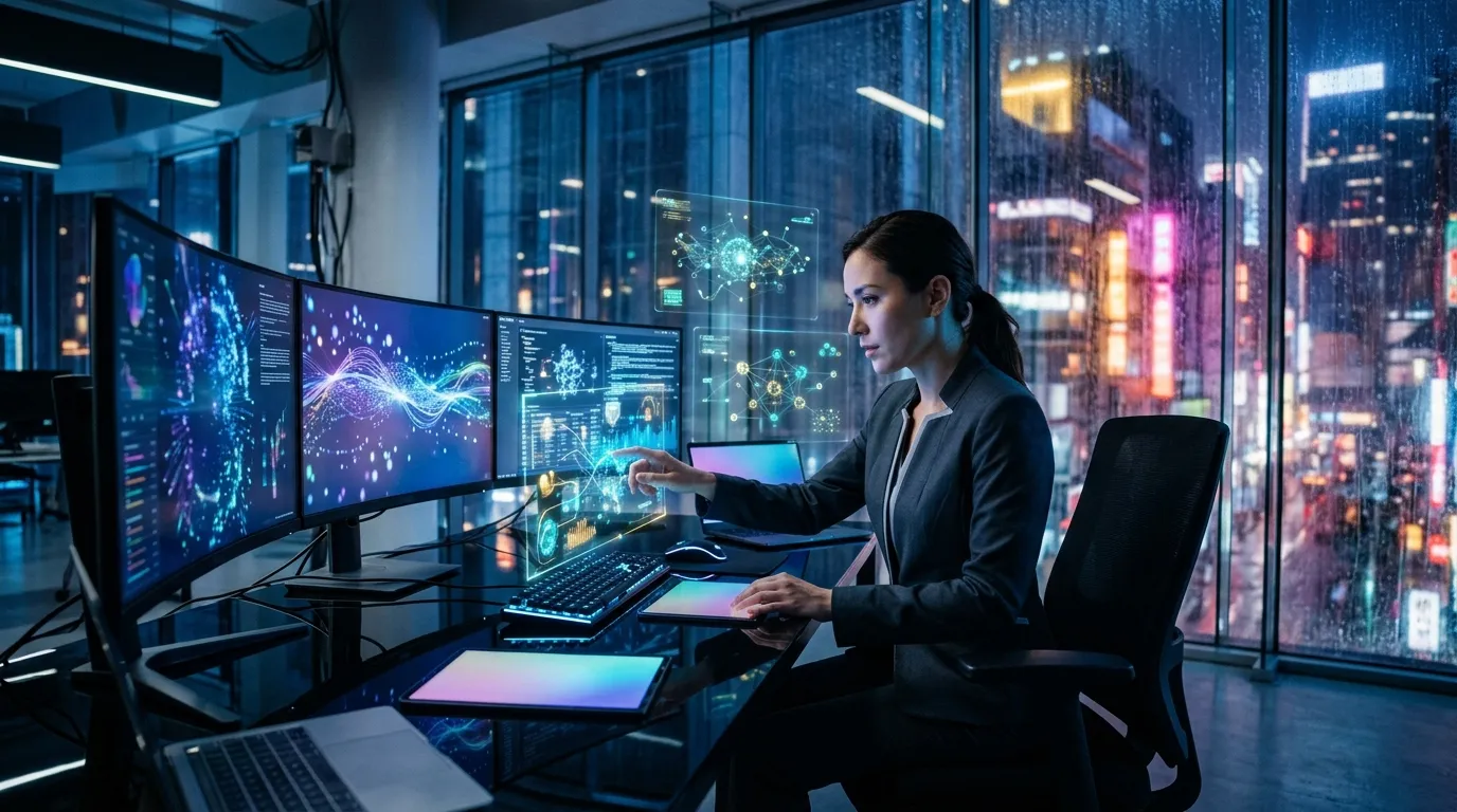 Femme analysant des donn&eacute;es sur plusieurs &eacute;crans holographiques