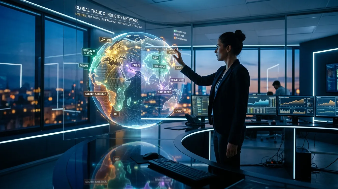 Femme analysant globe num&eacute;rique r&eacute;seau commercial global