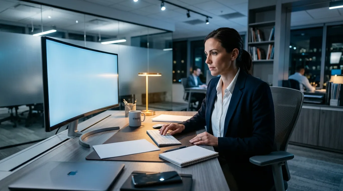 Professionnelle &agrave; son bureau avec &eacute;cran et documents