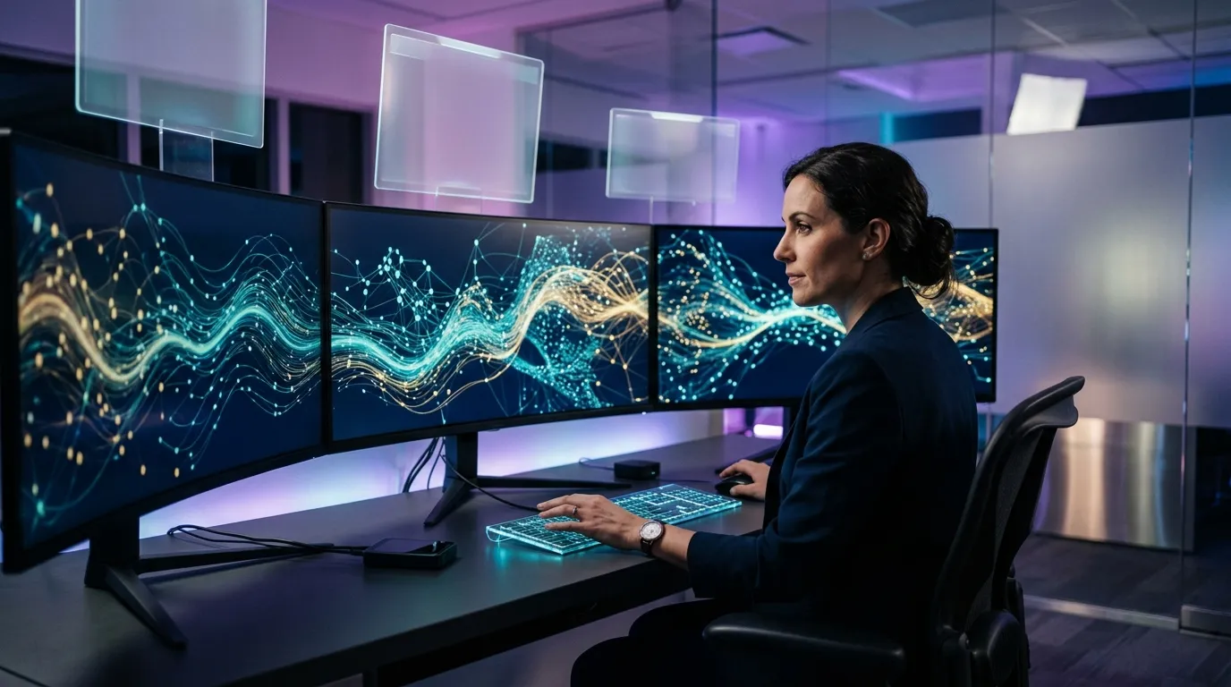 Femme analysant graphiques de donn&eacute;es sur &eacute;crans multiples