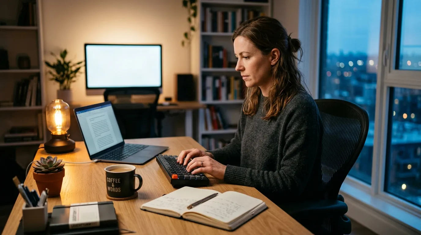 Femme travaillant &agrave; son bureau la nuit, vue urbaine en arri&egrave;re-plan