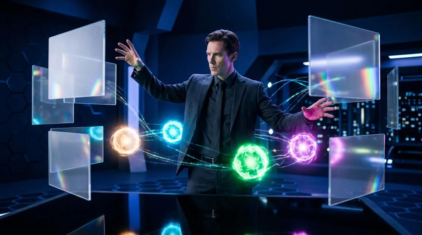 Homme en costume manipulant des &eacute;crans et sph&egrave;res lumineuses holographiques