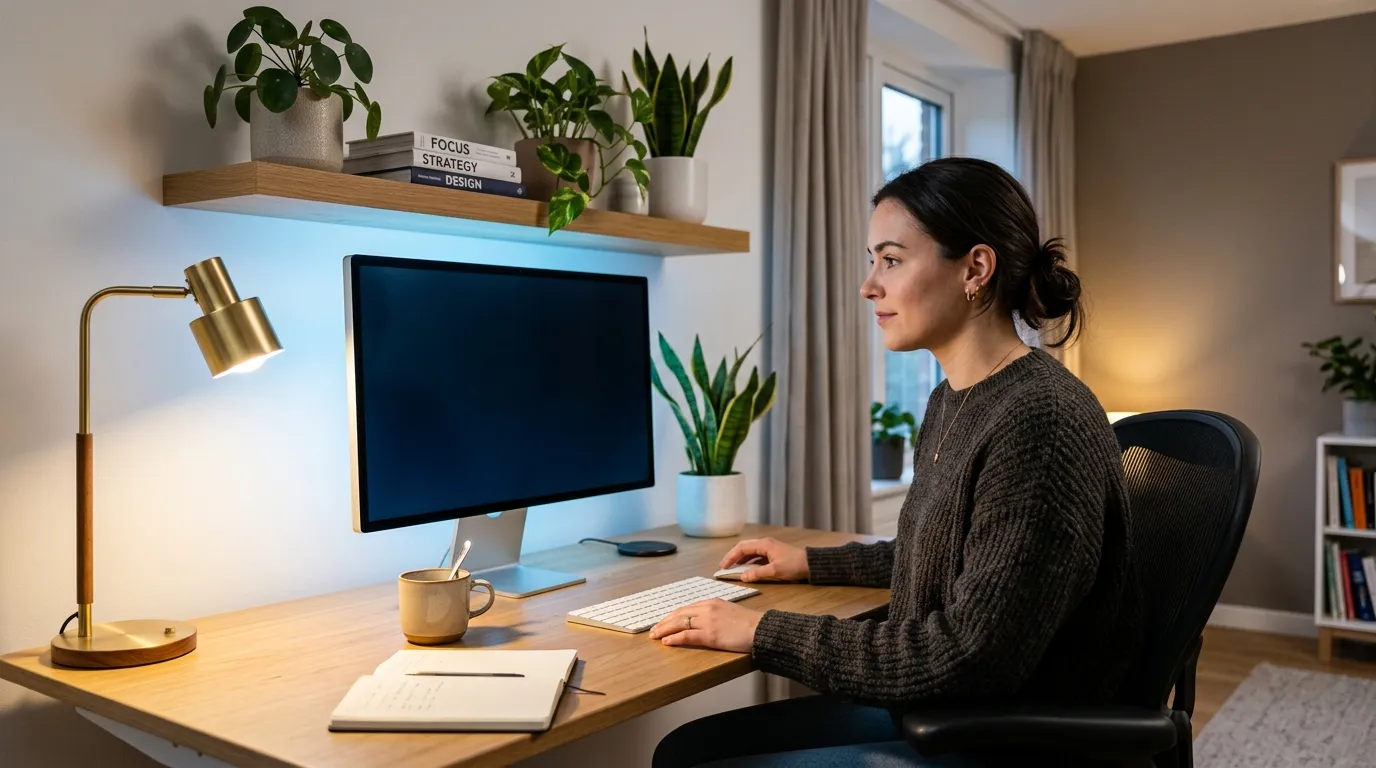 Femme travaillant &agrave; son bureau avec plantes et &eacute;cran