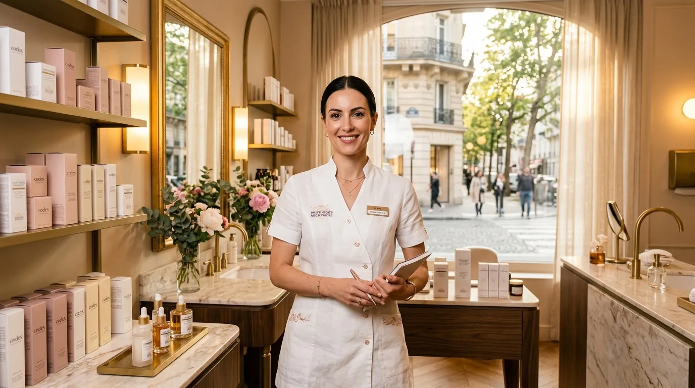 Esth&eacute;ticienne en uniforme blanc dans boutique skincare parisienne