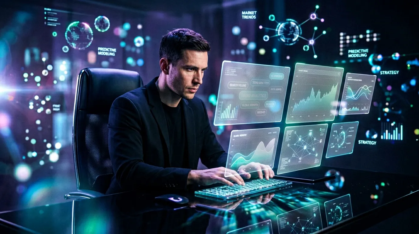 Homme travaillant sur ordinateur avec tableaux de bord analytiques holographiques