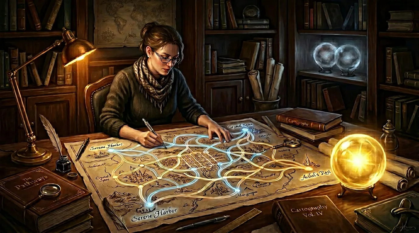 Femme travaillant sur une carte illumin&eacute;e dans une biblioth&egrave;que