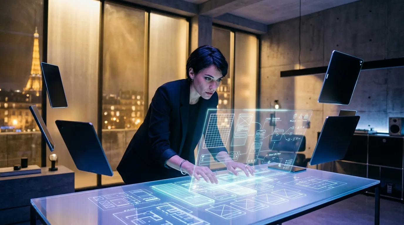 Femme travaillant sur interface holographique tactile futuriste