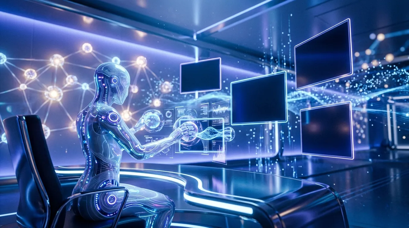 Robot futuriste interagissant avec &eacute;crans et donn&eacute;es num&eacute;riques