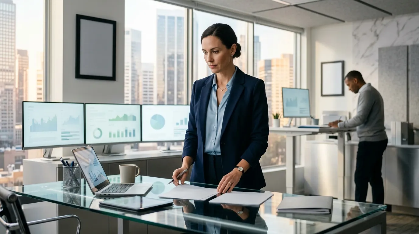 Femme d'affaires travaillant dans un bureau avec vue sur la ville