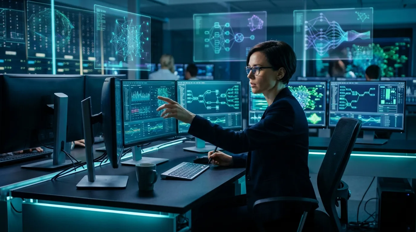 Professionnel analysant donn&eacute;es complexes sur &eacute;crans holographiques luminescents