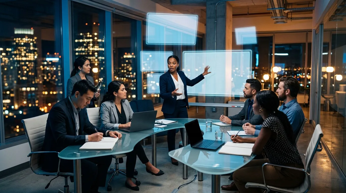 &Eacute;quipe professionnelle en r&eacute;union dans bureau moderne avec vue urbaine nocturne