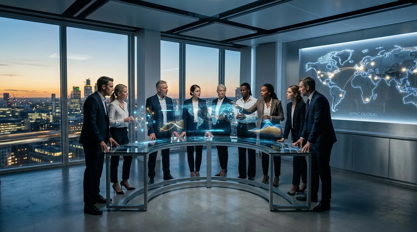 &Eacute;quipe professionnelle autour table futuriste avec carte monde num&eacute;rique