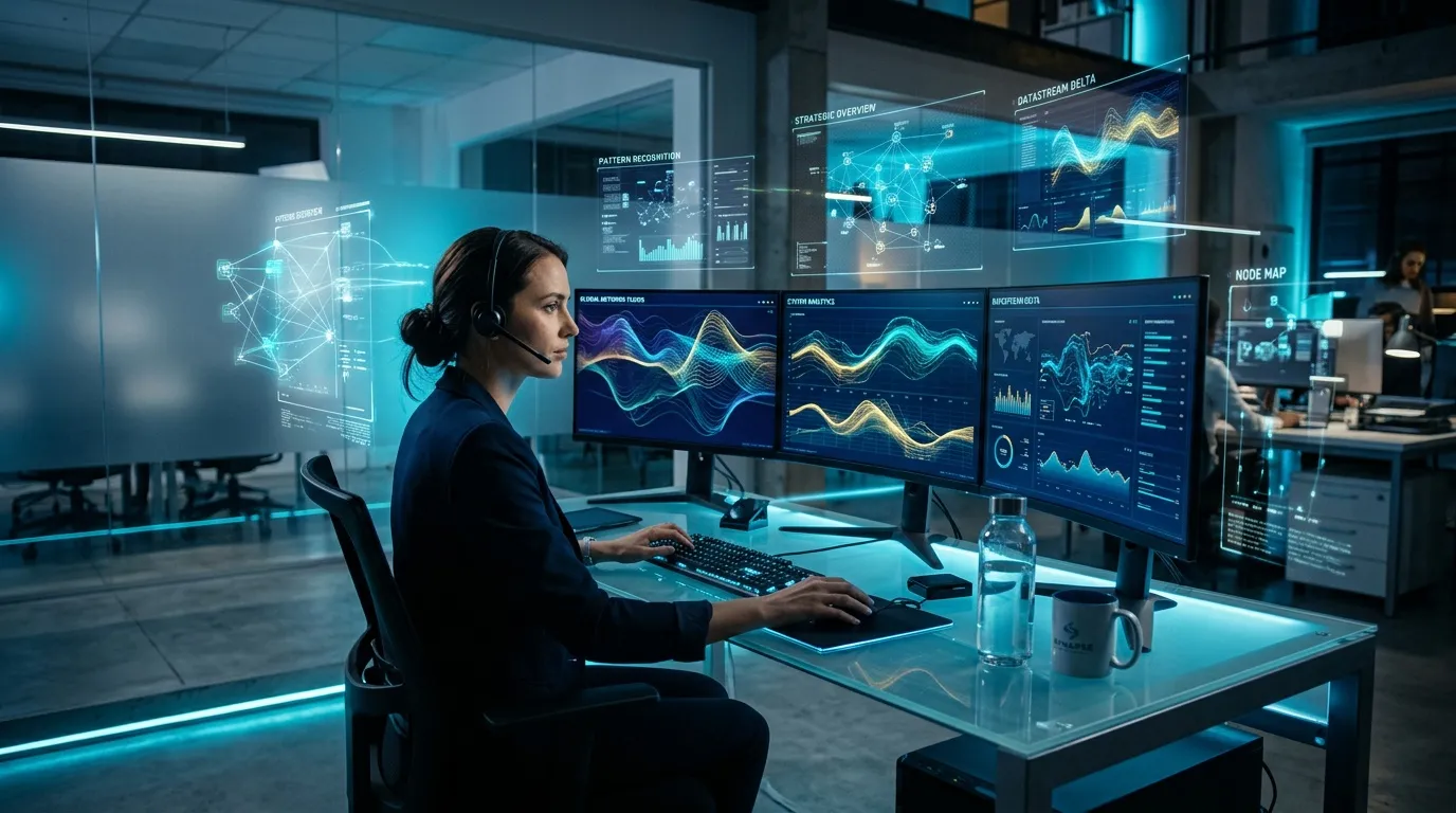 Femme analysant donn&eacute;es sur &eacute;crans multiples futuristes