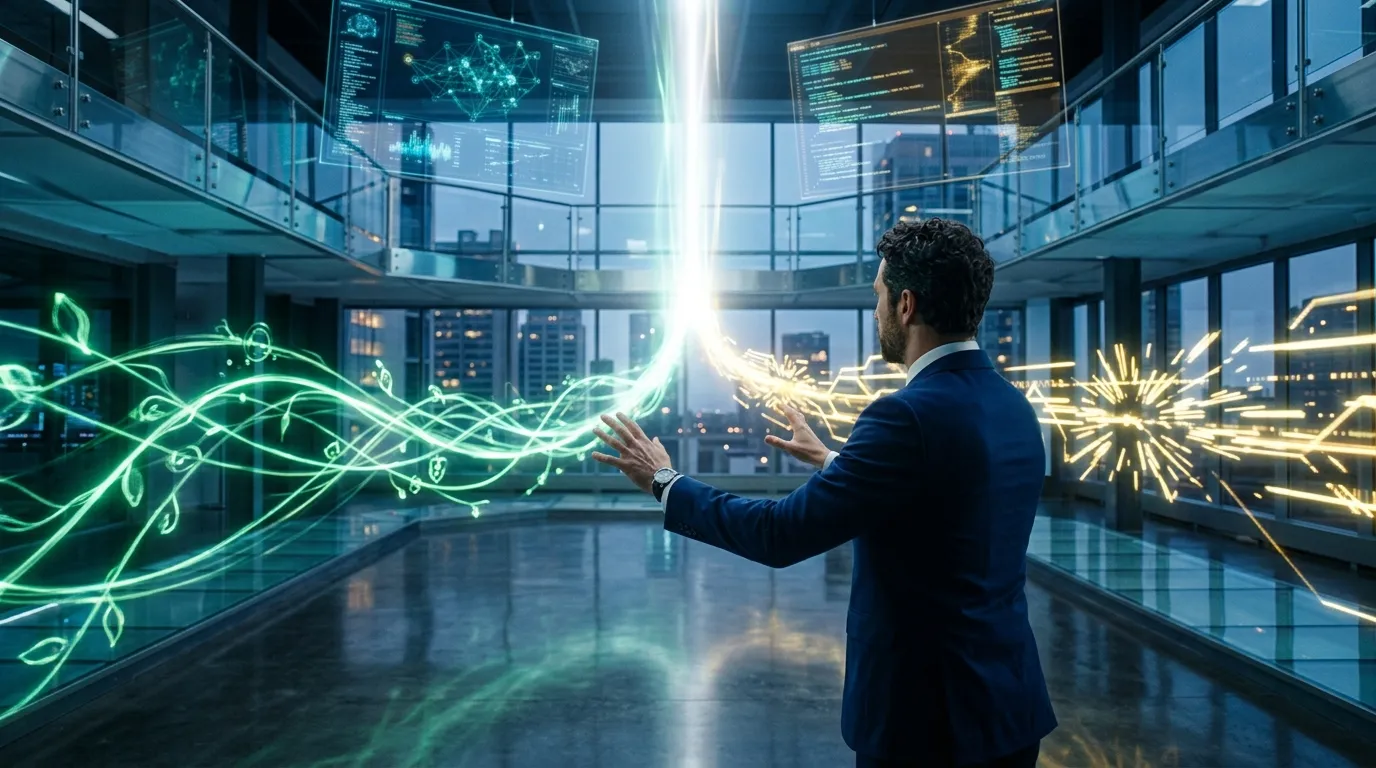 Homme en costume bleu manipulant des flux lumineux verts et or