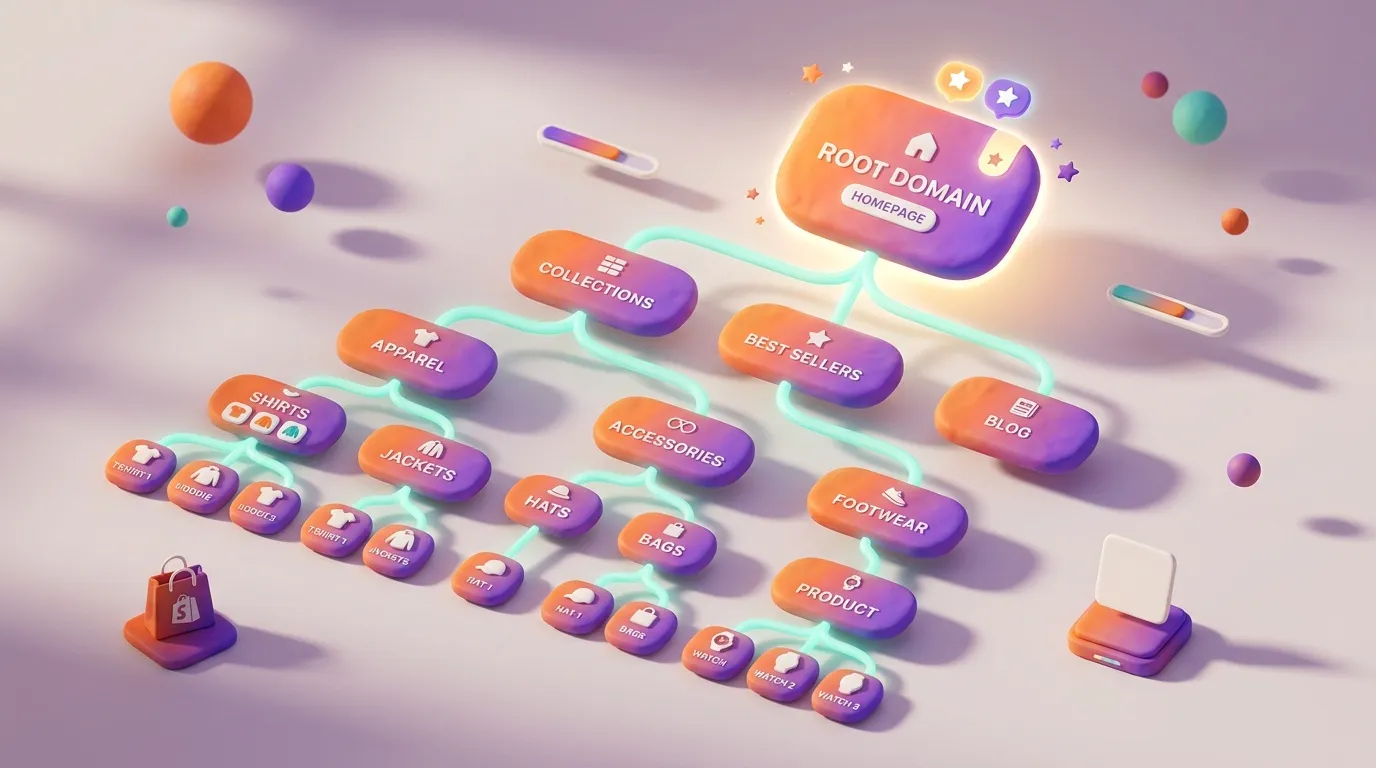 Diagramme arborescence site web avec cat&eacute;gories produits connect&eacute;es