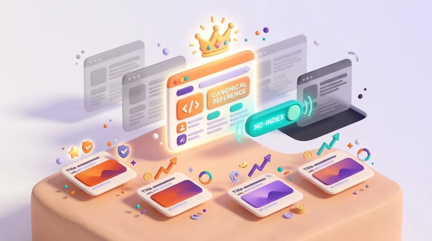 Illustration concept SEO avec r&eacute;f&eacute;rence canonique et no-index