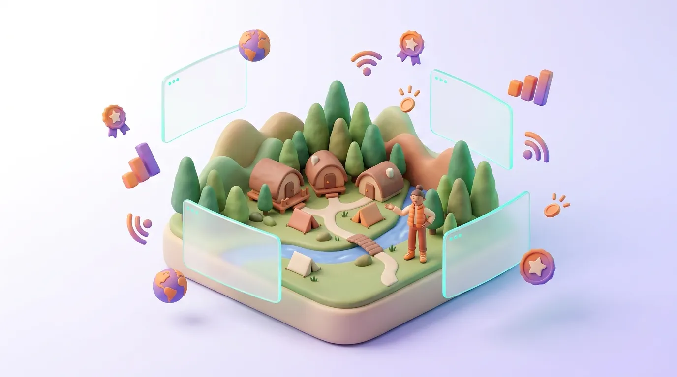 Village 3D entour&eacute; d'ic&ocirc;nes de connectivit&eacute; et donn&eacute;es