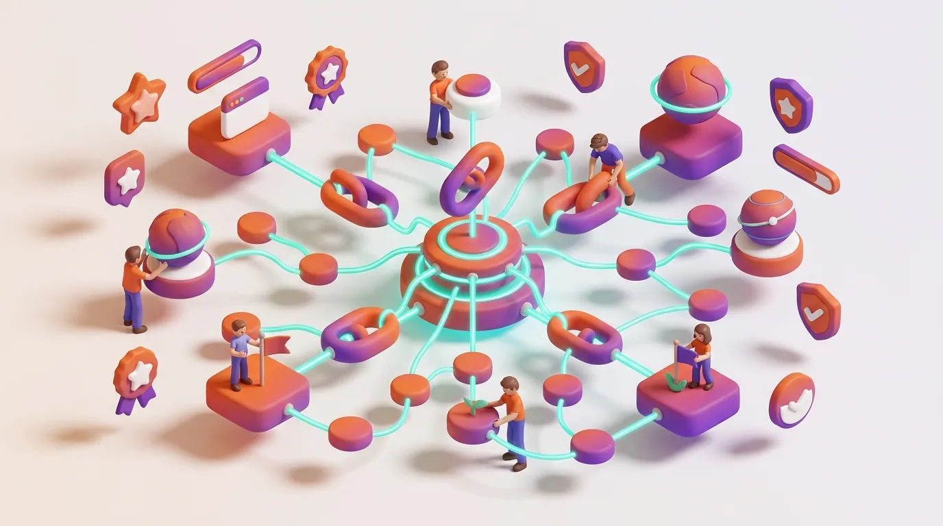 Illustration 3D de personnes connect&eacute;es via un r&eacute;seau de n&oelig;uds num&eacute;riques color&eacute;s