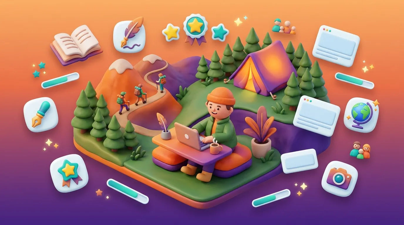 Personne travaillant sur ordinateur portable en camping avec ic&ocirc;nes cr&eacute;atives