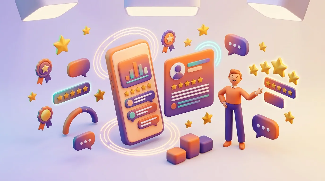 Homme pr&eacute;sentant application mobile avec &eacute;valuations &eacute;toiles.
