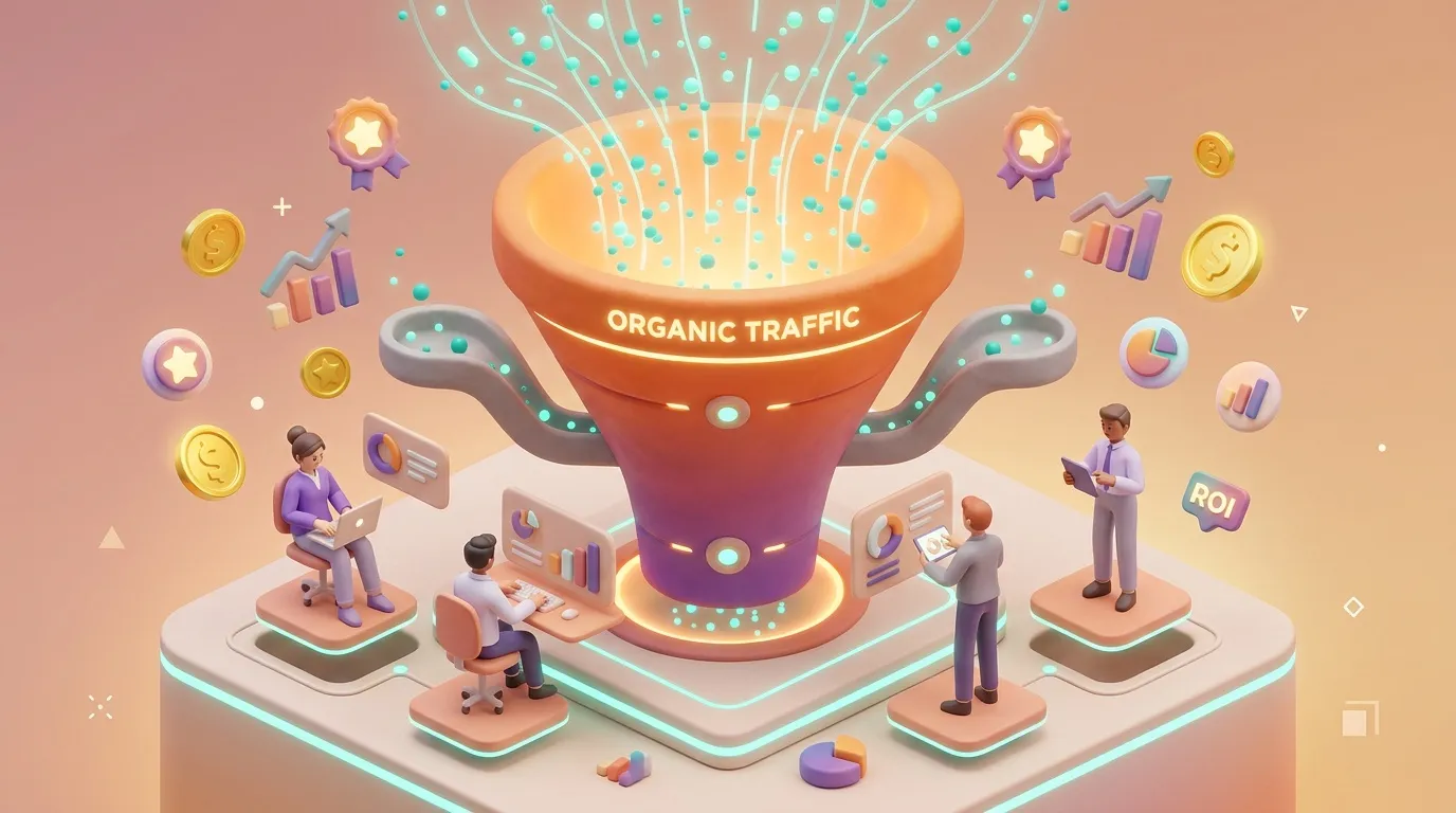 Illustration 3D montrant des professionnels g&eacute;n&eacute;rant du trafic organique digital