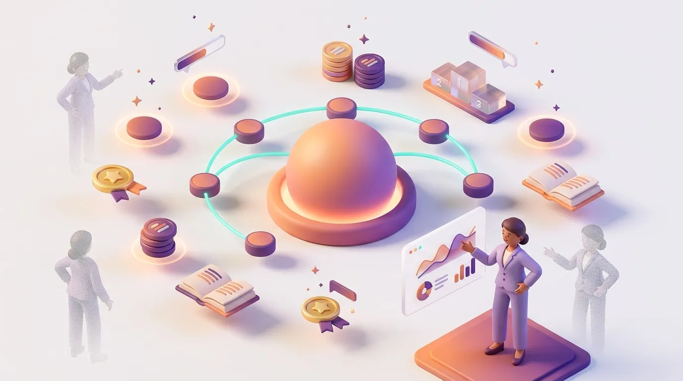 Illustration isom&eacute;trique montrant une &eacute;quipe collaborant autour d'une sph&egrave;re centralis&eacute;e
