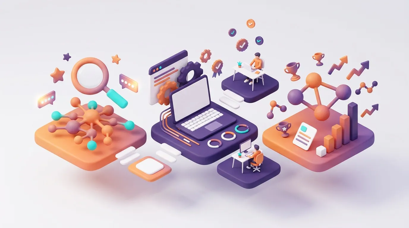 Illustration 3D montrant d&eacute;veloppement web, analyse donn&eacute;es et collaboration professionnelle