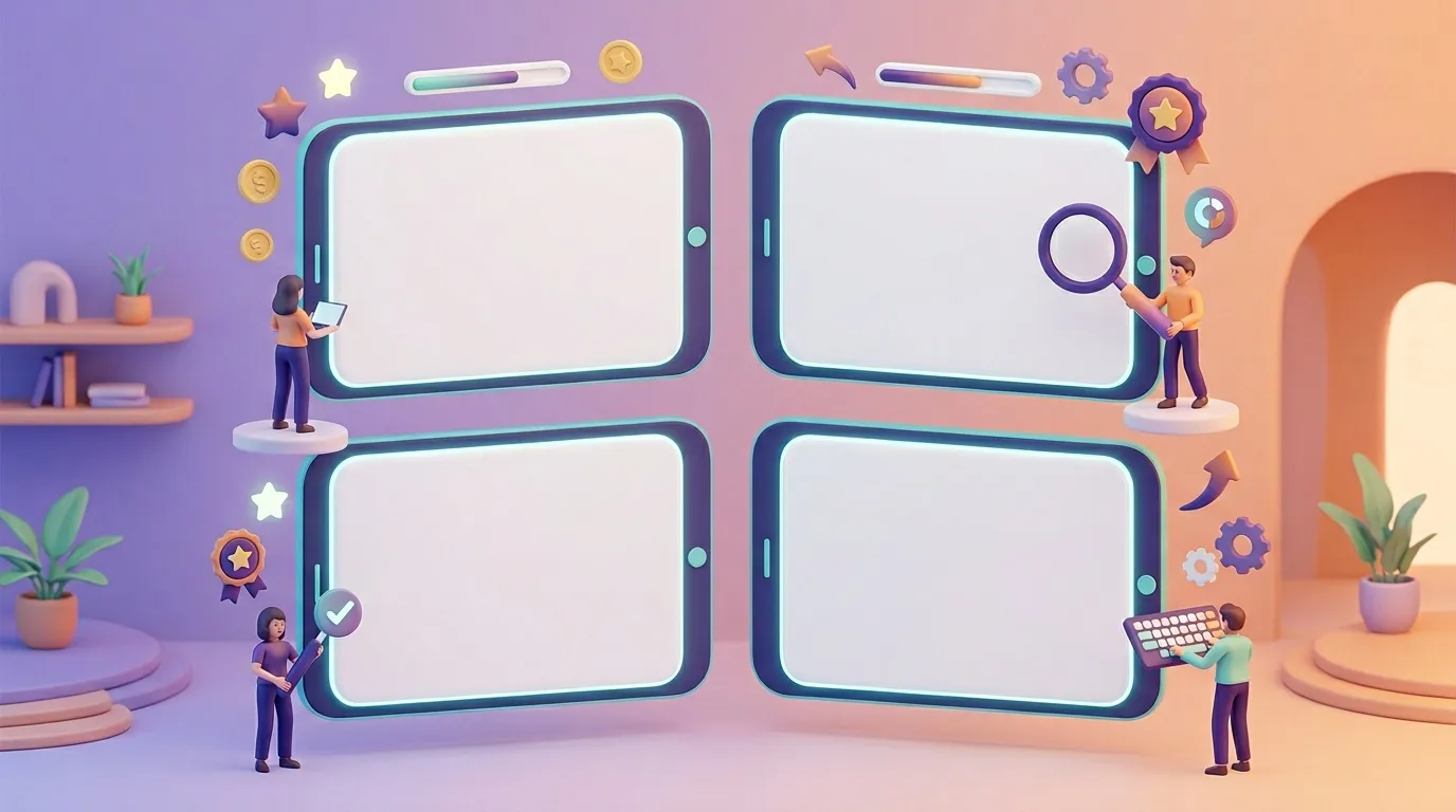 Quatre t&eacute;l&eacute;phones mobiles vides avec des personnages autour