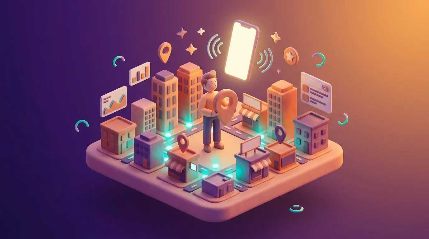 Illustration 3D d'une ville connect&eacute;e avec smartphone et points de localisation