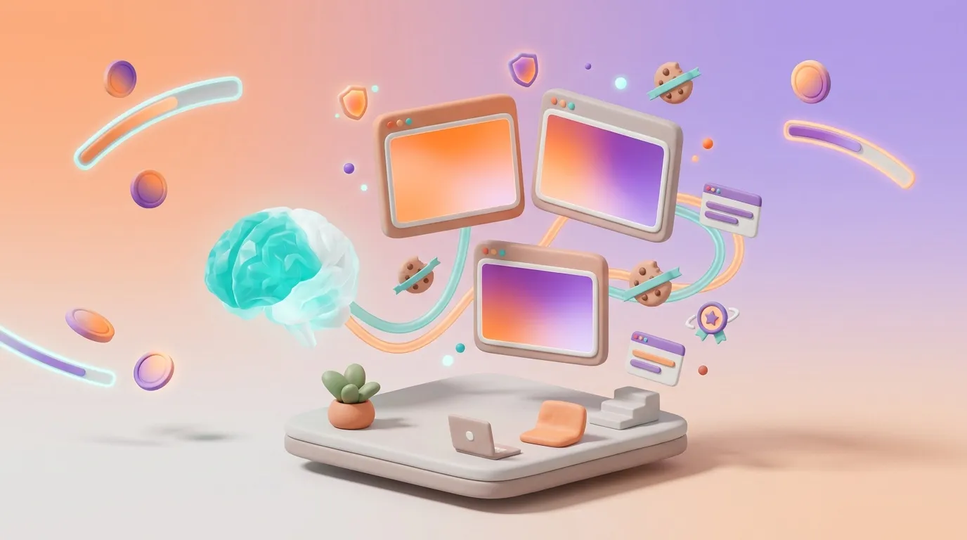 Bureau moderne avec écrans, cerveau et outils numériques colorés