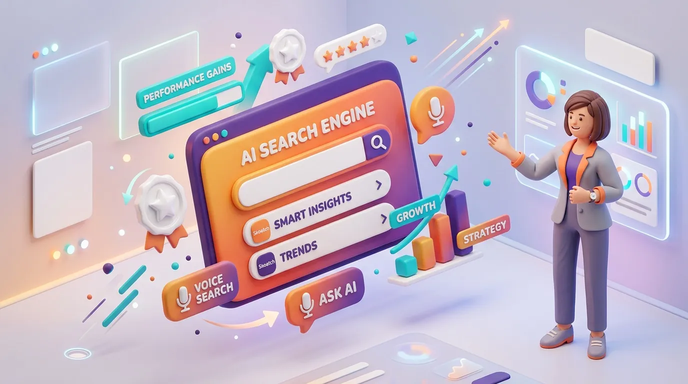 Femme pr&eacute;sentant interface moteur recherche IA avec donn&eacute;es analytics