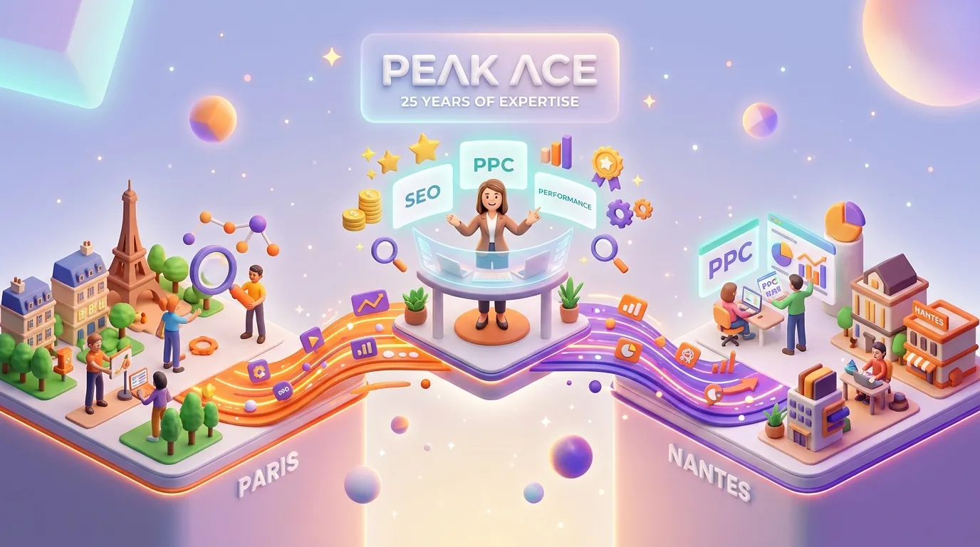 Illustration 3D montrant Peak Ace avec ses services SEO, PPC et performance marketing &agrave; Paris et Nantes