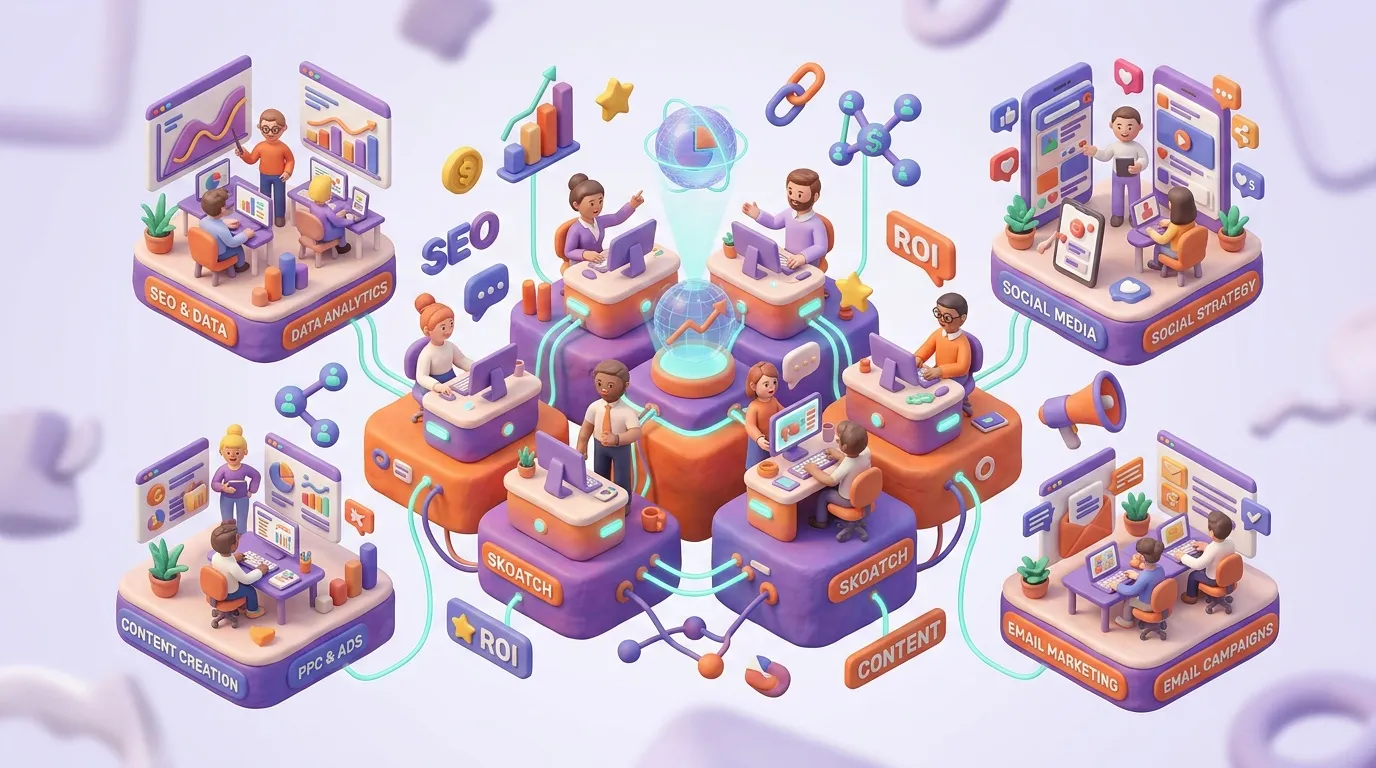 Illustration 3D montrant les piliers du marketing digital interconnect&eacute;s.