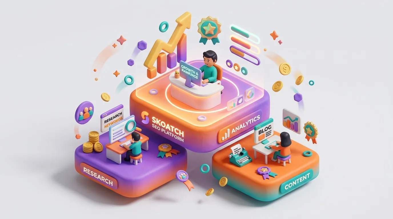 Illustration 3D montrant une plateforme SEO avec recherche, analytics et contenu