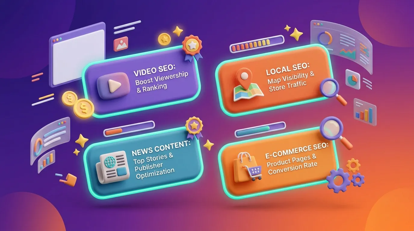 Illustration des quatre strat&eacute;gies SEO principales pour optimiser en ligne