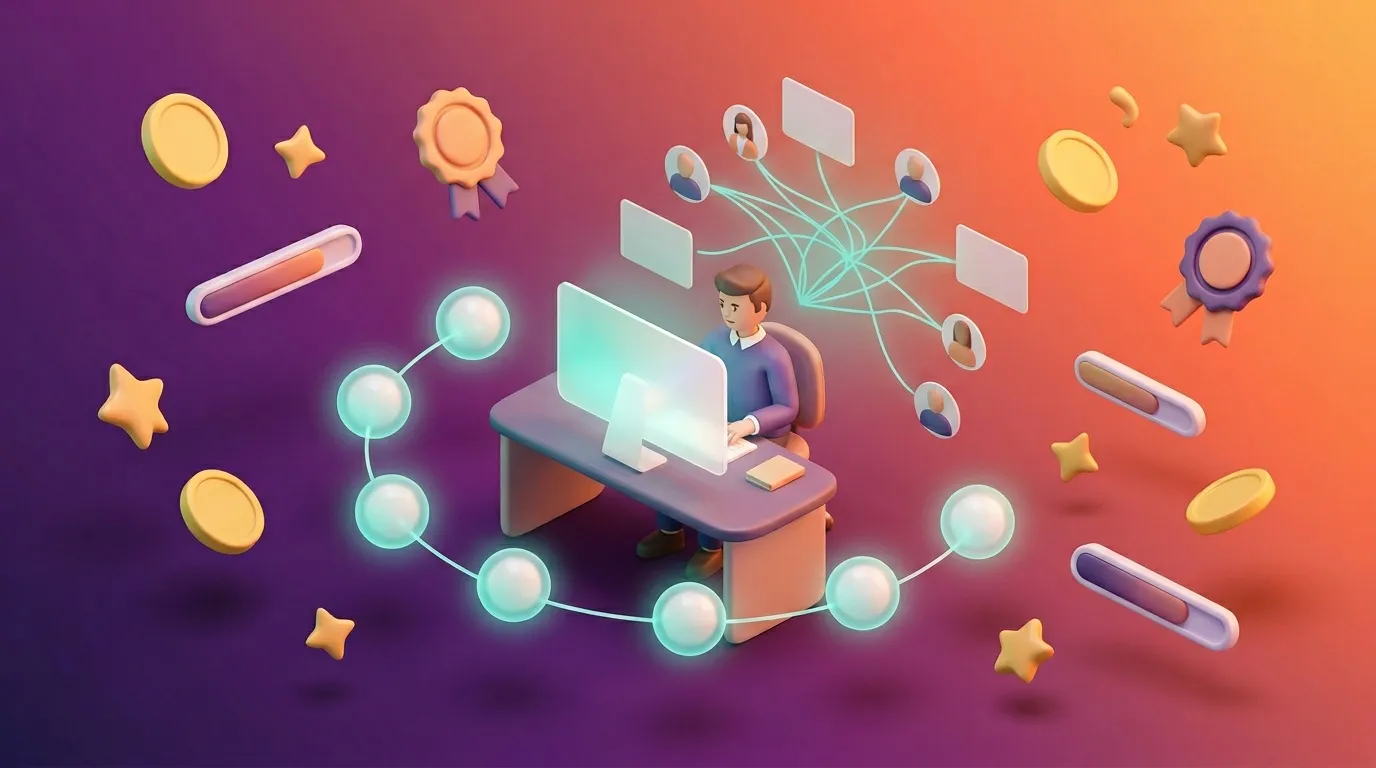 Personne travaillant sur ordinateur entour&eacute;e de connexions r&eacute;seau