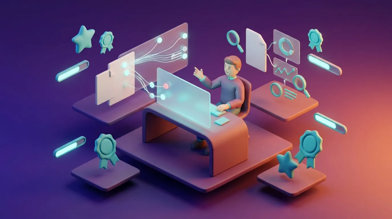 Person working on laptop with data analytics icons surrounding workspace