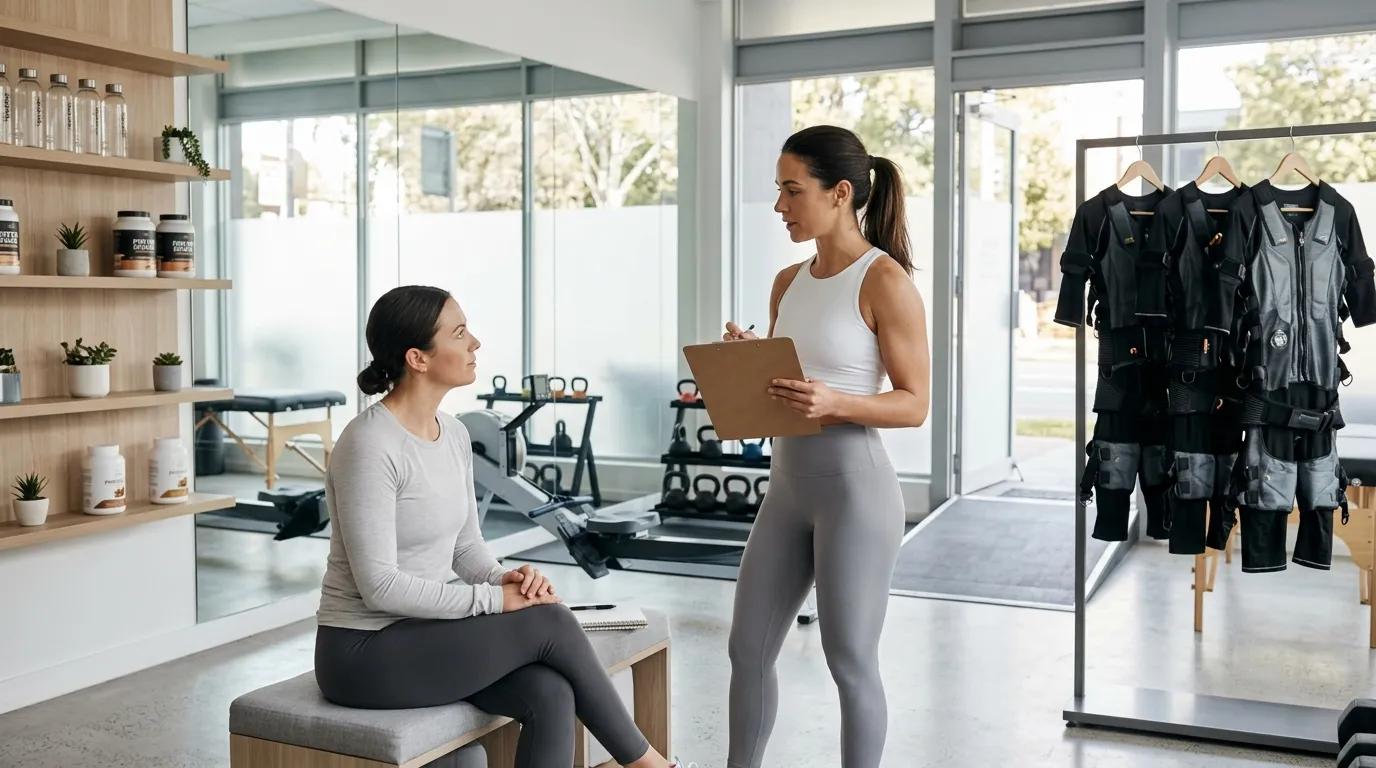 Entraîneuse discute avec cliente dans studio de fitness équipé