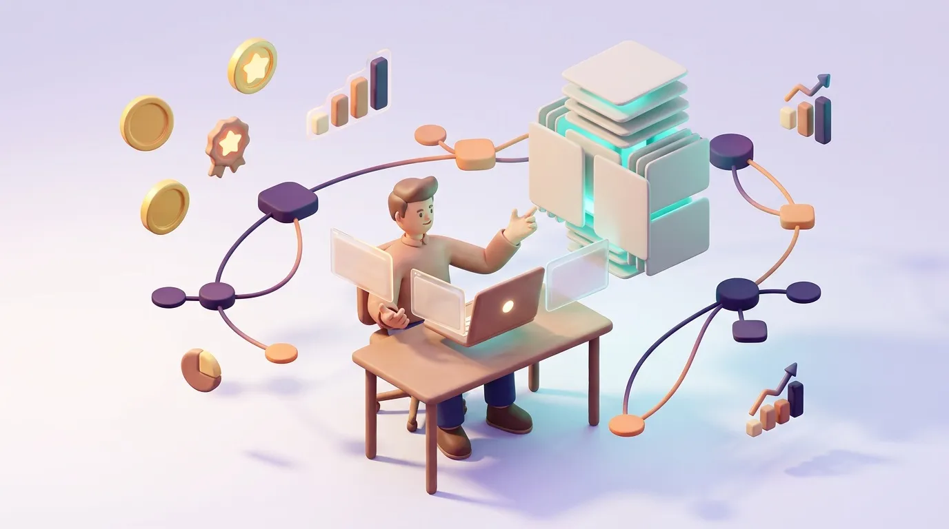 Person managing data with connected network and financial elements