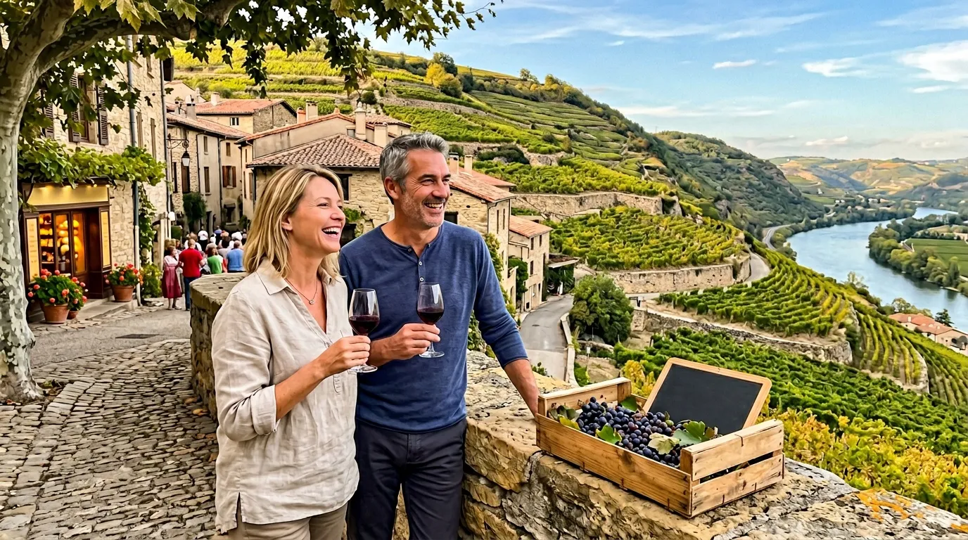 Couple dégustant du vin rouge dans un vignoble allemand pittoresque.