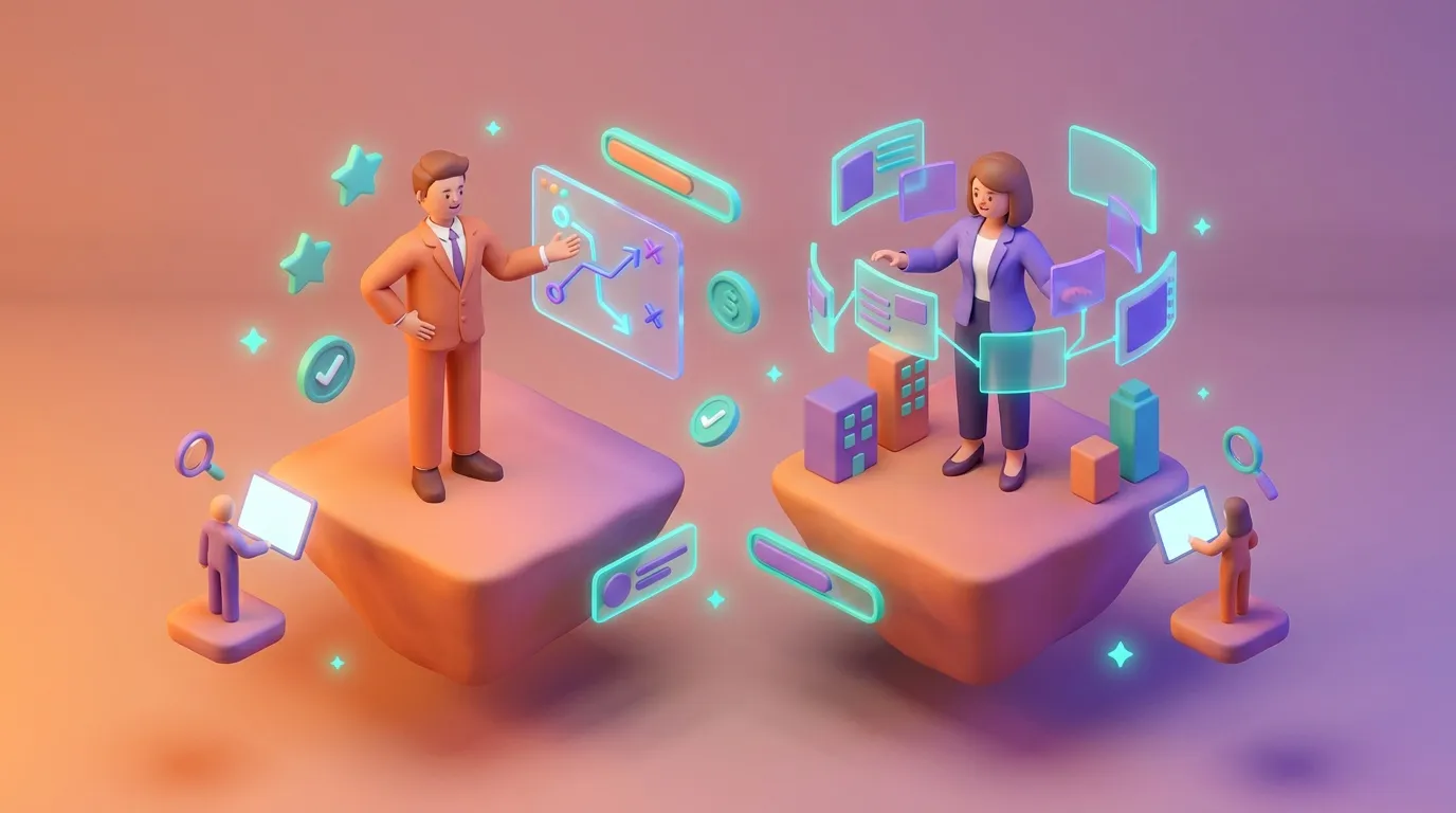 Two professionals managing digital platforms and data analytics together
