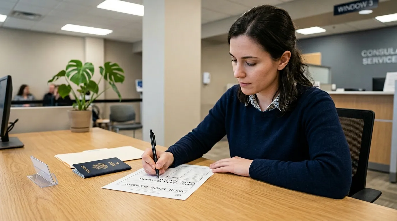 Femme signe document officiel à bureau consulaire
