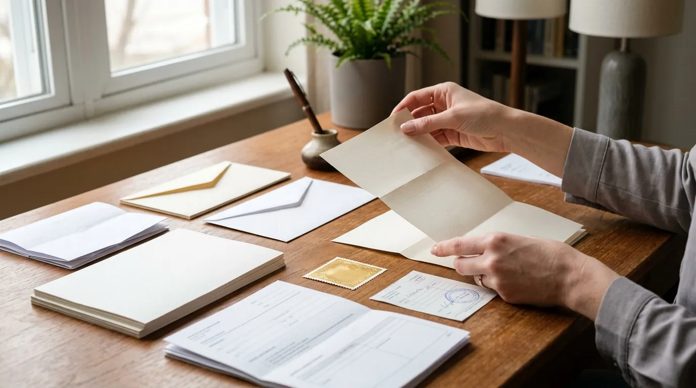 Personne triant enveloppes et lettres sur bureau bois