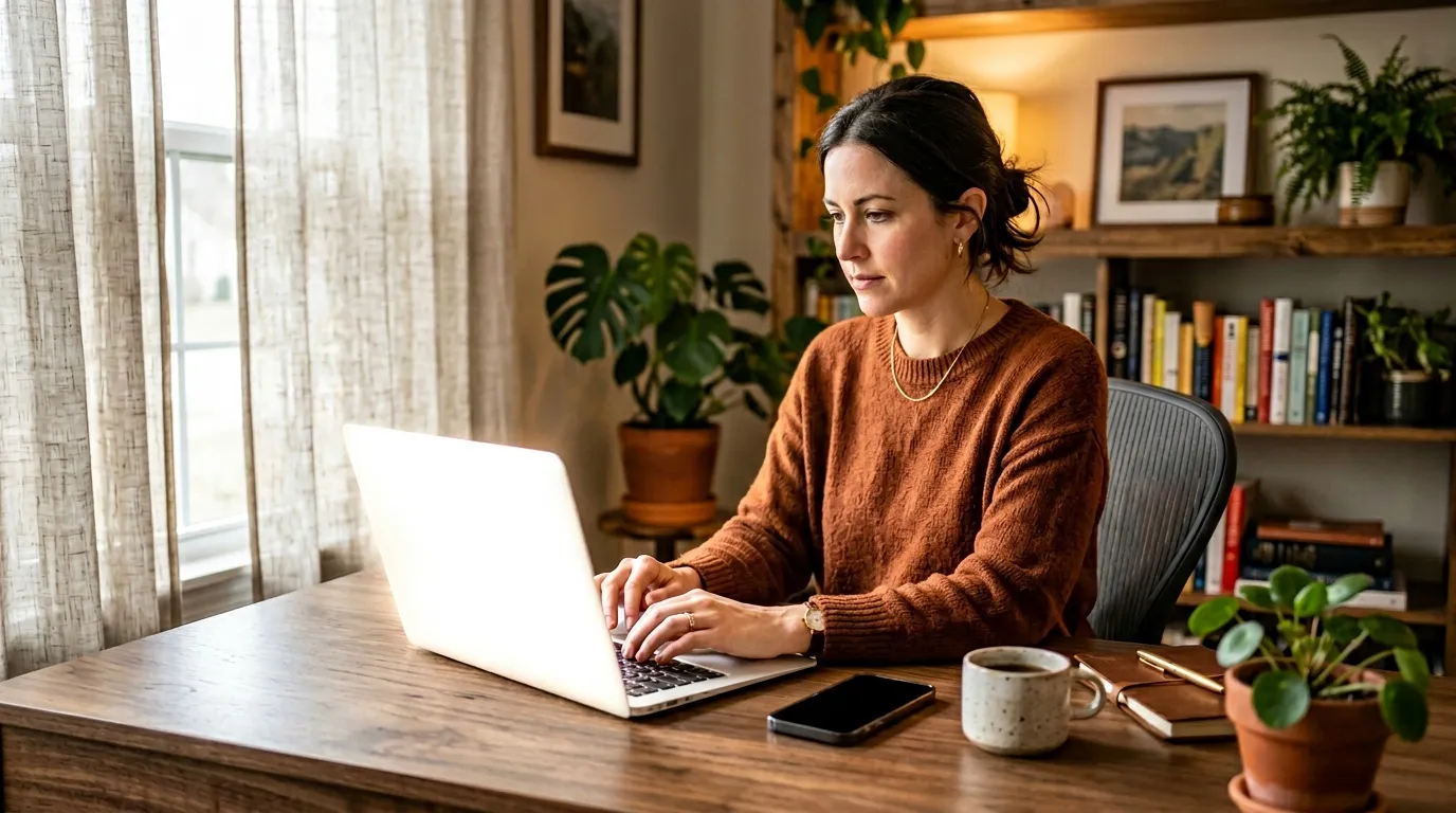 Femme dactylographiant sur ordinateur portable dans un bureau moderne